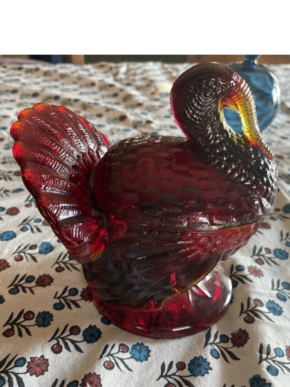 Ruby Red Amberina Vintage 2 piece Glass Standing Turkey Dish with Lid L.E Smith